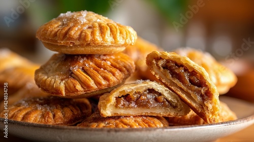 Golden brown apple pies stacked on a plate. photo
