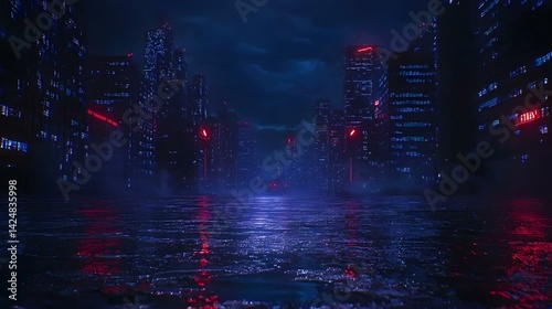 Futuristic city at night reflected in dark water. Cyberpunk aesthetic. Neon lights illuminate skyscrapers.