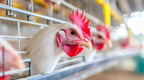 White chickens peering through wire cages in a farm environment, animal husbandry