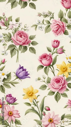 Wallpaper Mural Floral backdrop with pink roses, purple and yellow flowers, botanical illustration, delicate leaf details and spring feeling Torontodigital.ca