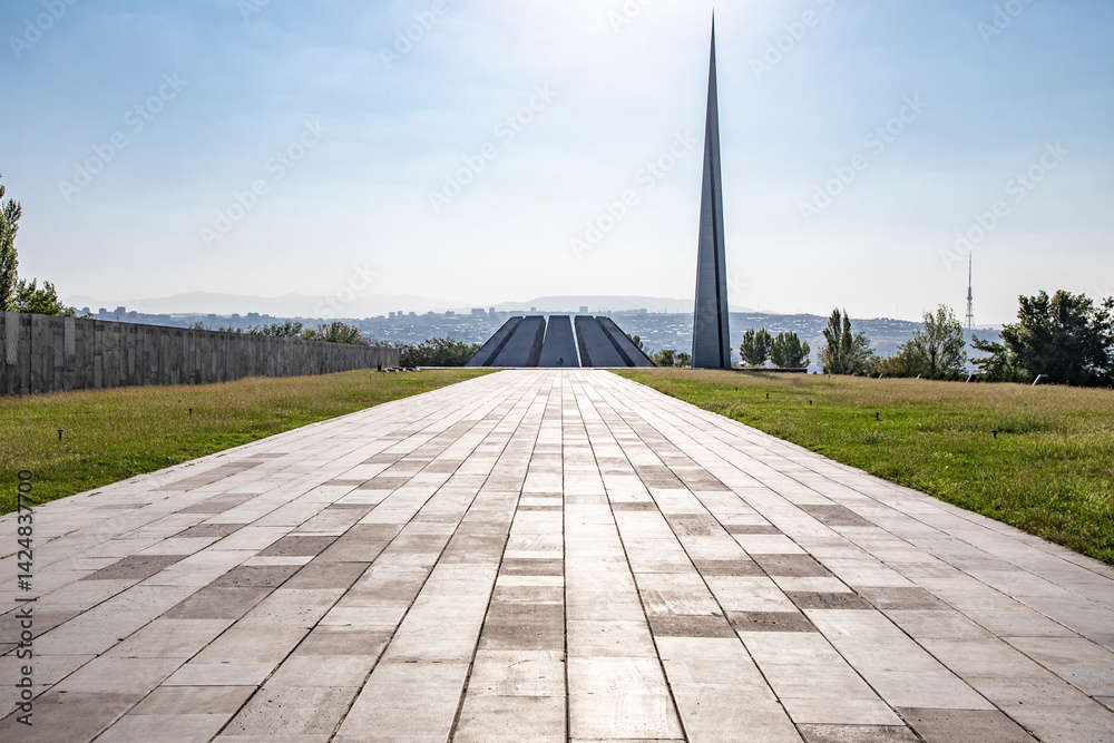 Yerevan, Yerevan Province, Armenia. The Memorial Hall and Memorial Column (The Reborn Armenia) at the Tsitsernakaberd Armenian Genocide Memorial Complex.