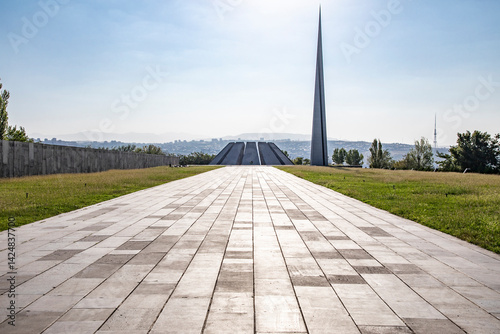 Obraz na płótnie Yerevan, Yerevan Province, Armenia. The Memorial Hall and Memorial Column (The Reborn Armenia) at the Tsitsernakaberd Armenian Genocide Memorial Complex. w salonie
