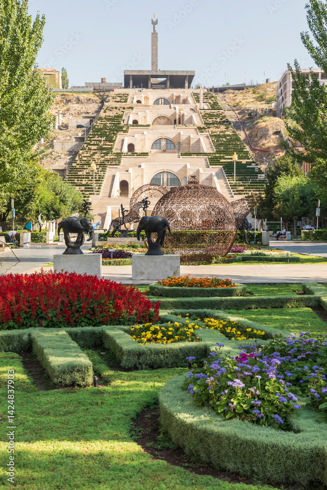 Armenia. Yerevan. August 16, 2018. Sculpture Garden and the Cascade Complex at the Cafesjian Center for the Arts.