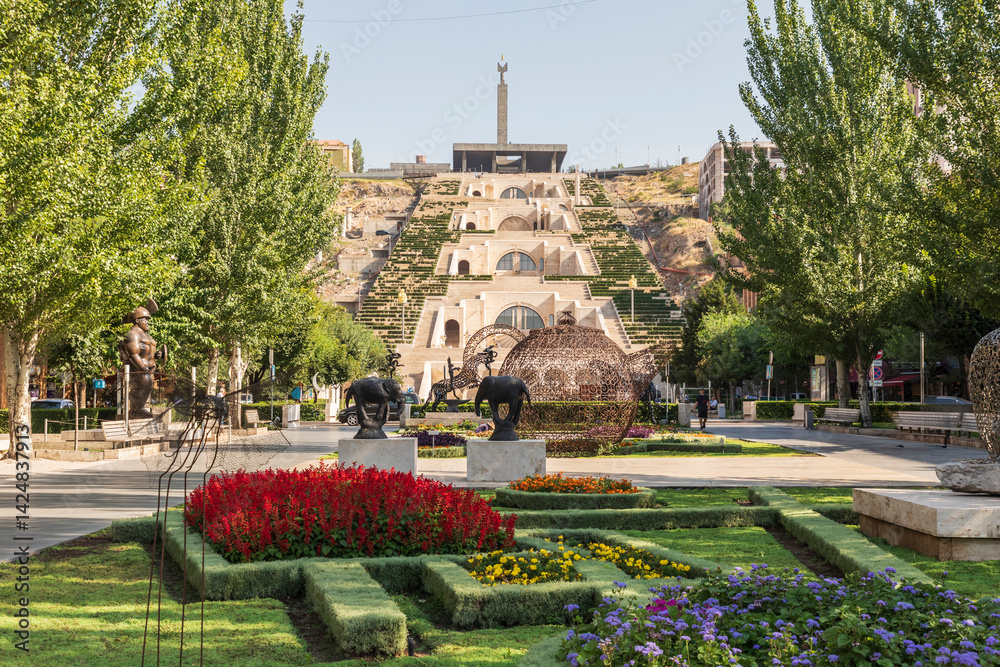 Armenia. Yerevan. August 16, 2018. Sculpture Garden and the Cascade Complex at the Cafesjian Center for the Arts.