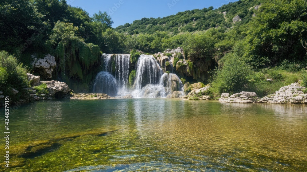 Fototapeta premium Serene Waterfall Cascading into a Crystal Clear Pool