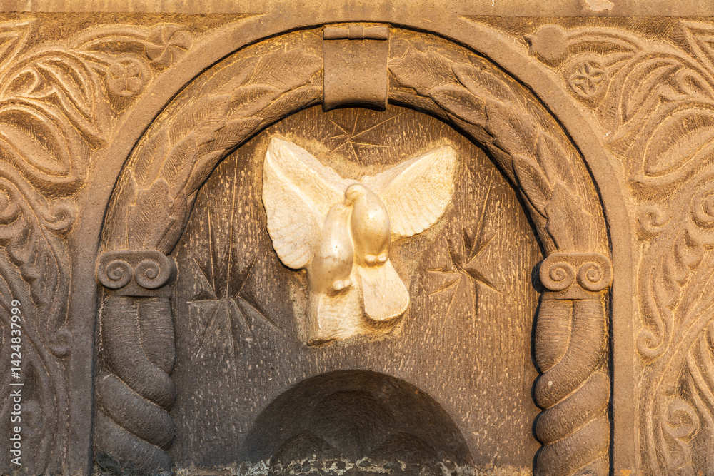 Western Asia. Eurasia. South Caucasus. Republic of Armenia. Ararat Province. Lusarat. Carving of doves at the Khor Virap Monastery.