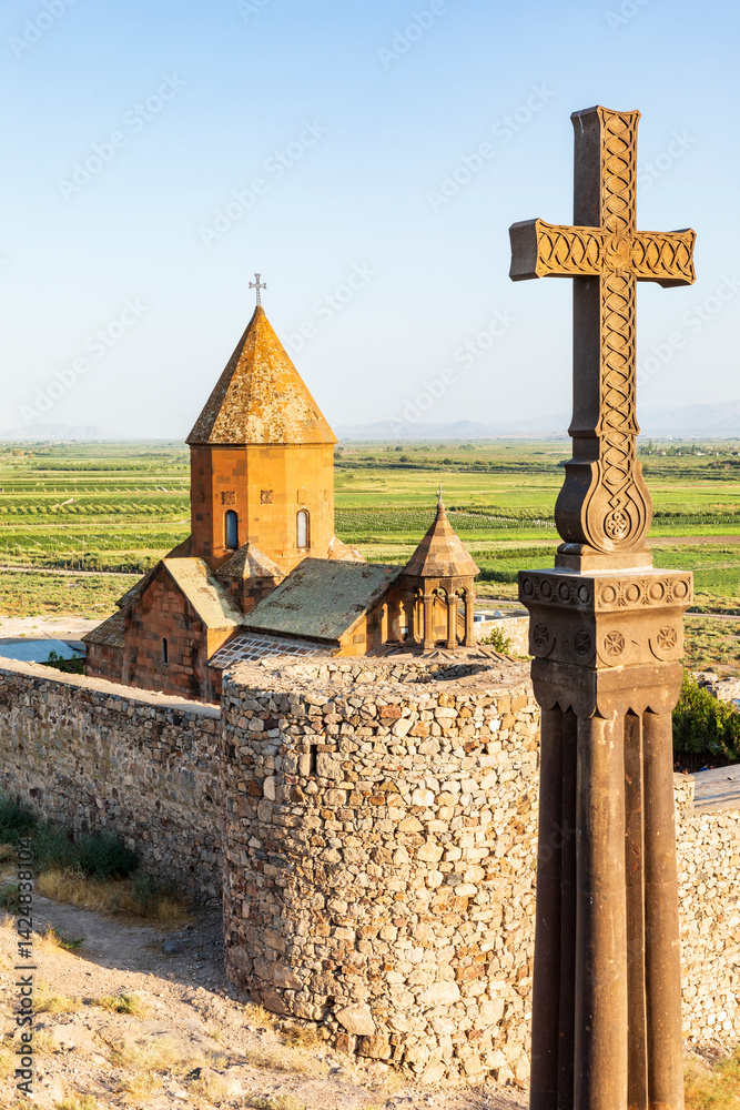 Western Asia. Eurasia. South Caucasus. Republic of Armenia. Ararat Province. Lusarat. August 16, 2018. Cross in front of the Surb Astvatzatzin Church at the Khor Virap Monastery.
