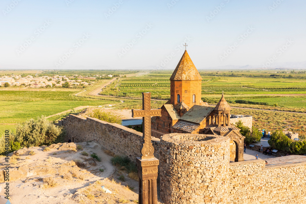 Western Asia. Eurasia. South Caucasus. Republic of Armenia. Ararat Province. Lusarat. August 16, 2018. Cross in front of the Surb Astvatzatzin Church at the Khor Virap Monastery.