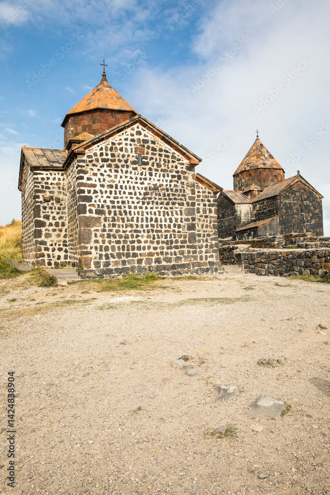 Western Asia, Eurasia, South Caucasus, Republic of Armenia.Sevan. The churches of Surp Arakelots (right) and Surp Astvatsatsin (left), at the Sevanavank Monastery complex on Lake Sevan.