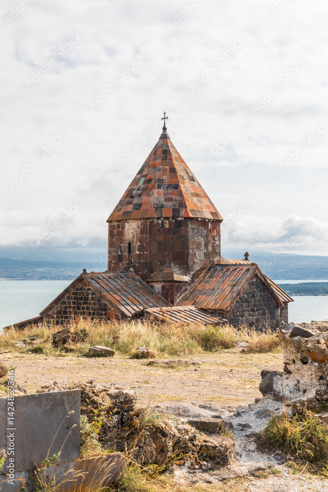 Western Asia, Eurasia, South Caucasus, Republic of Armenia. Sevan. The church of Surp Arakelots at the Sevanavank Monastery complex on Lake Sevan.