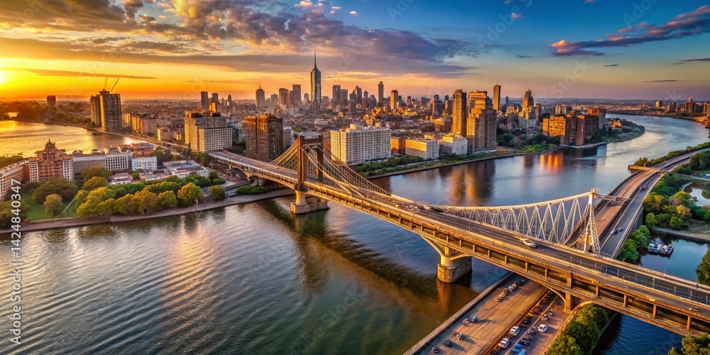 Fototapeta premium Aerial View of Queens Bridge at Sunset, Stunning Cityscape Drone Shot
