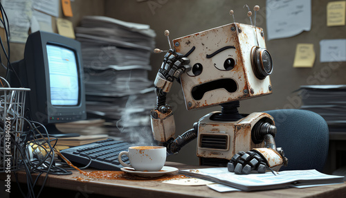 A distressed robot sits at a cluttered desk overflowing with paperwork, holding its head in confusion while a cup of coffee steams beside an old computer. photo