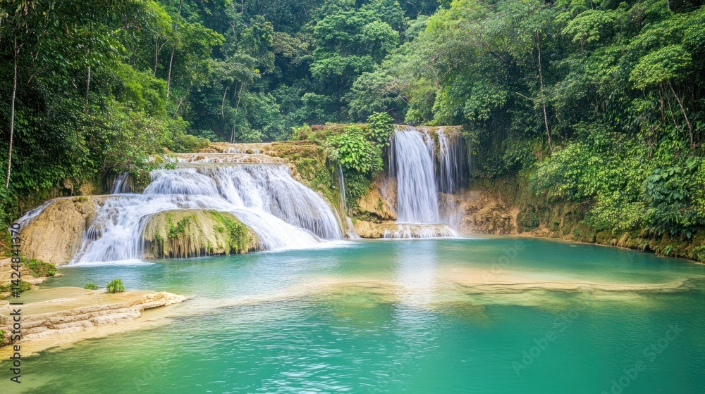 Fototapeta premium Serene Waterfall in Lush Tropical Paradise