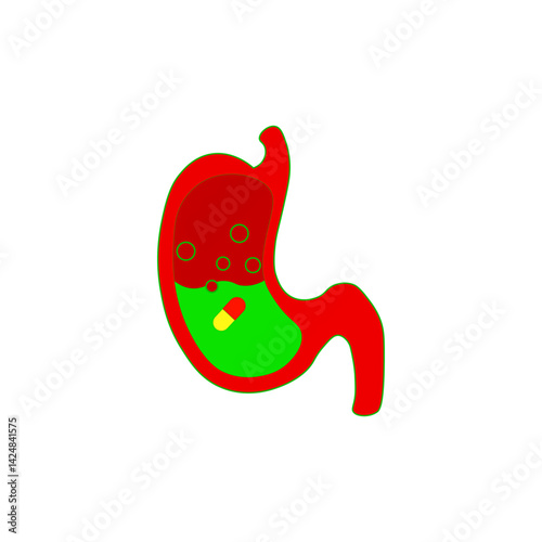 Stomach organ icon. Medicine capsule inside. Human digestive vector. Green red illustration.