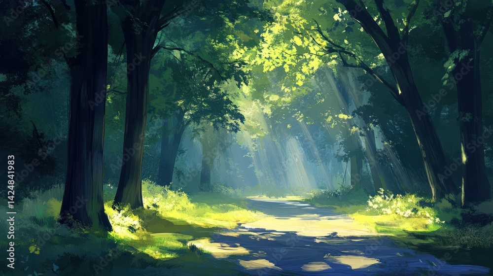 Fototapeta premium A vibrant sunlit path meandering through a lush green forest