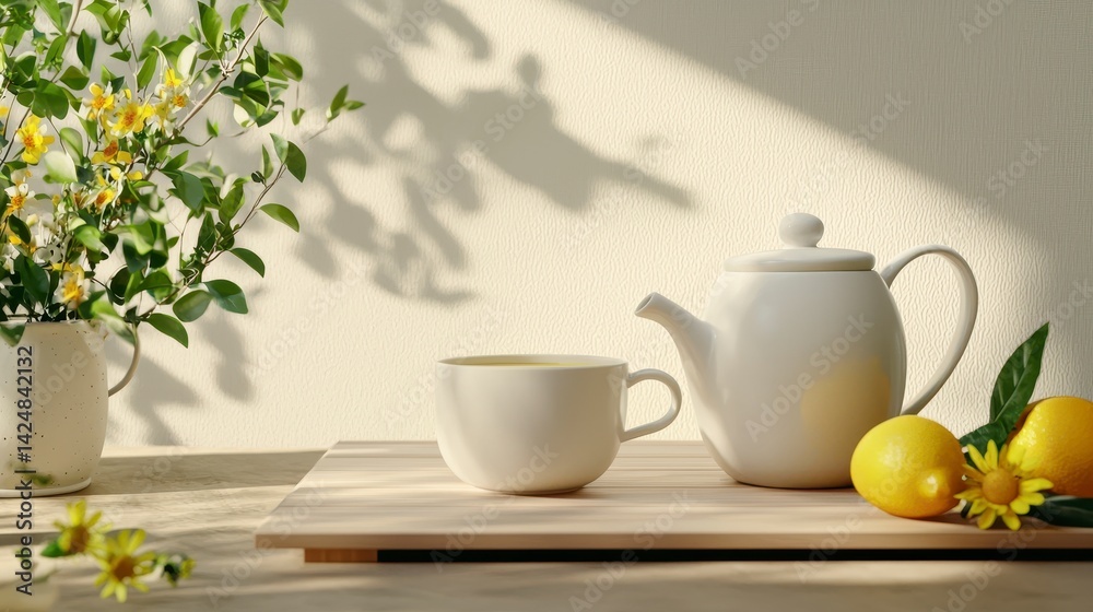 Fototapeta premium Serene Tea Setting with Citrus Fruit and Flowers