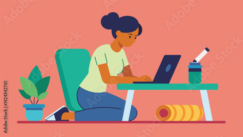 Sitting at a desk with a foam roller for support feeling productive and refreshed as they type up their workout journal.. Vector illustration