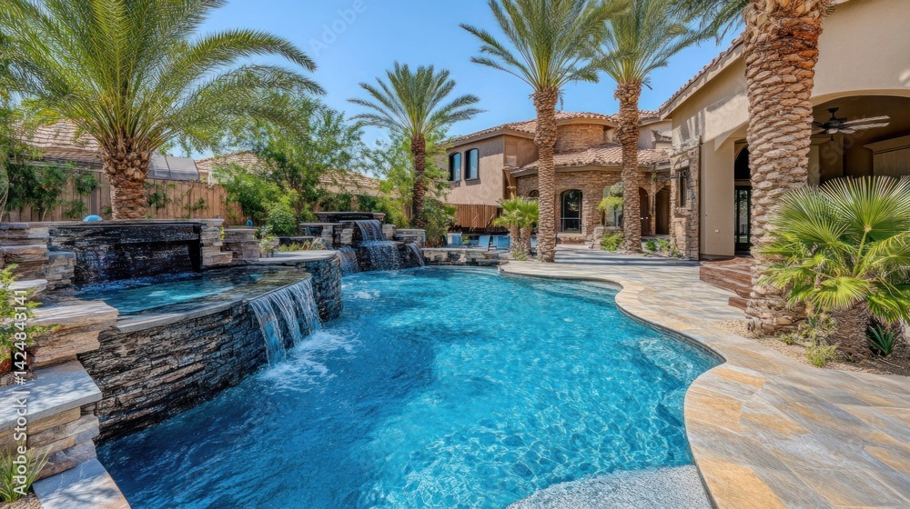 Luxury Backyard Oasis: Resort-Style Pool and Waterfall Feature Luxury Backyard Oasis: Resort-Style Pool and Waterfall Feature