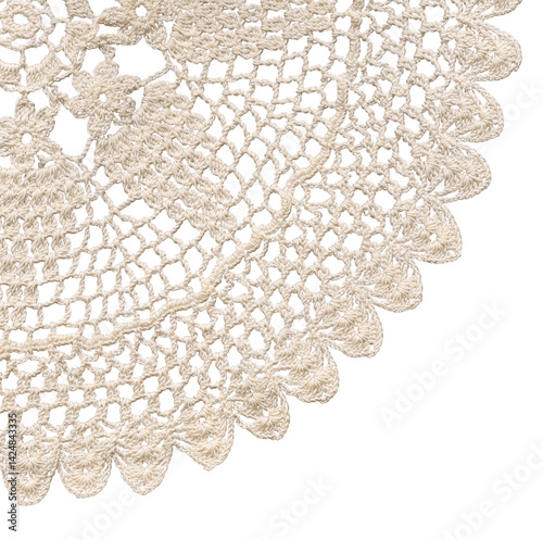 Closeup corner of crochet doily isolated cutout on transparent