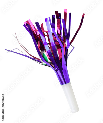 Purple pink noise maker party favor blower horn isolated cutout on transparent