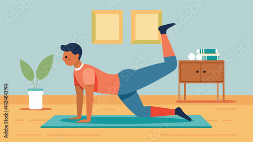 A man using a towel on a hardwood floor for a glute bridge and hip extension workout in a small apartment.. Vector illustration