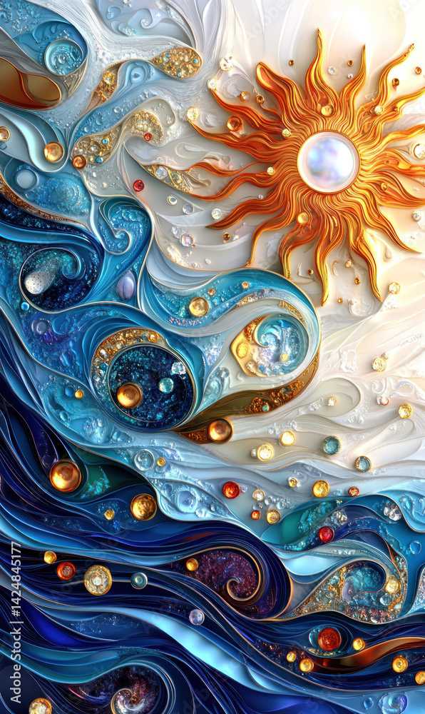 An abstract digital illustration in bright, saturated colors, depicting a symbolic fusion of the sun and the ocean.