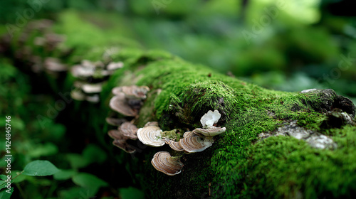 Close up of mossy log with mushrooms in forest for nature lovers and mycologists to study fungi life cycle