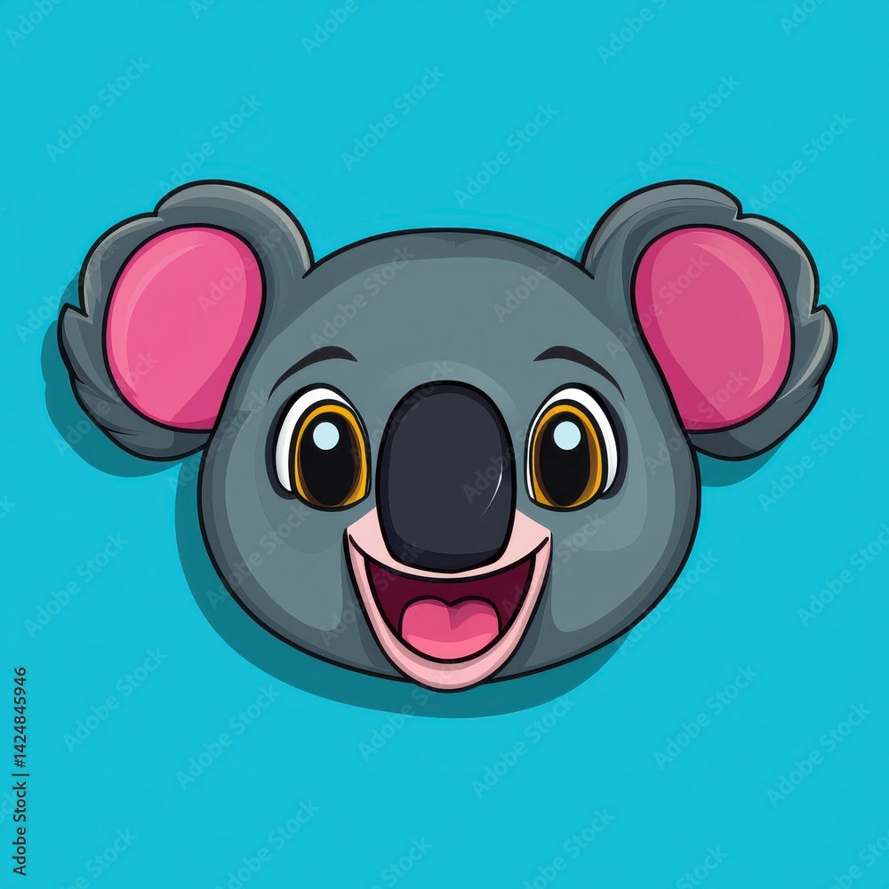 Fototapeta premium Cartoon koala face with cheerful expression on teal background