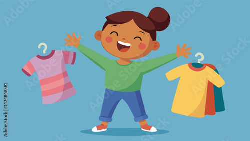 A child happily modeling a new outfit they received in exchange for their old clothes at the swap event.. Vector illustration