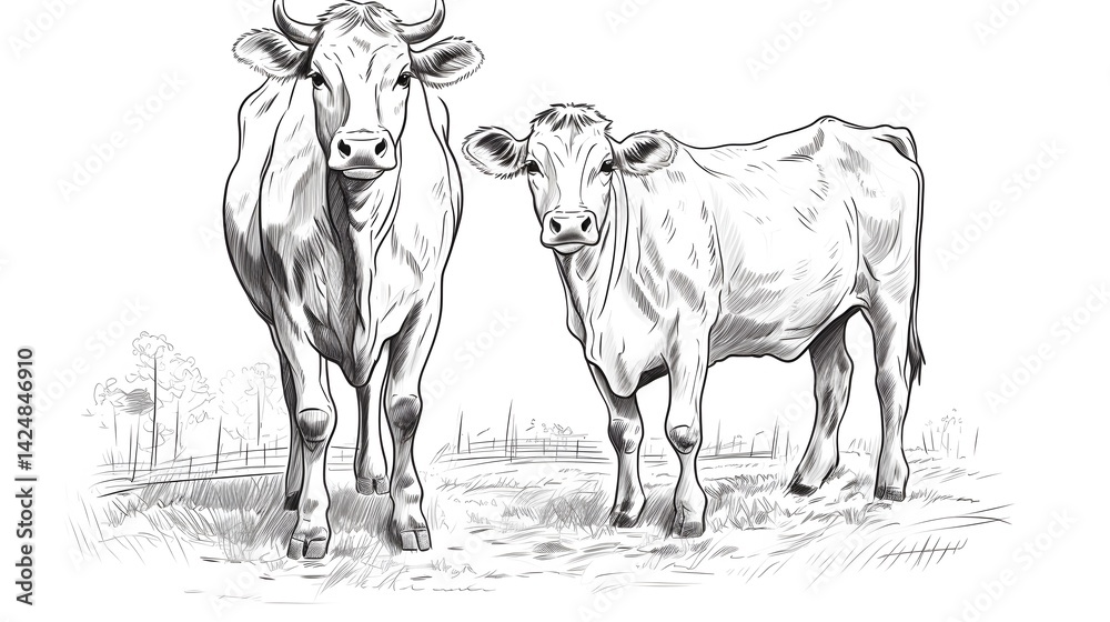 Fototapeta premium Hand-drawn sketch of two cows in doodle style illustration for design projects