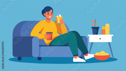 Enjoying a postworkout snack on a low comfy couch feet propped up on a fluffy ottoman and catching up on their favorite TV show.. Vector illustration