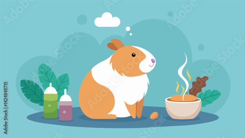 A serene scene of a guinea pig munching on carrots surrounded by the tranquil scent of a pet calming diffuser releasing hints of peppermint and. Vector illustration