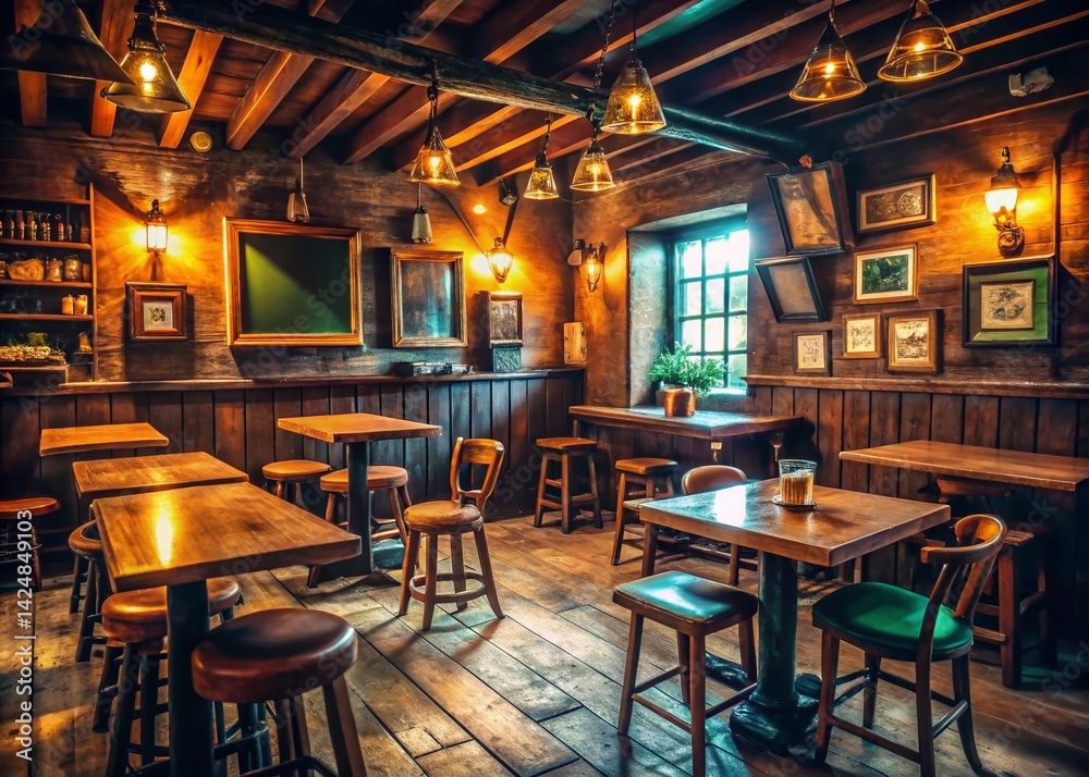 Obraz premium Atmospheric Low Light Irish Pub Interior with Vintage Blackboard