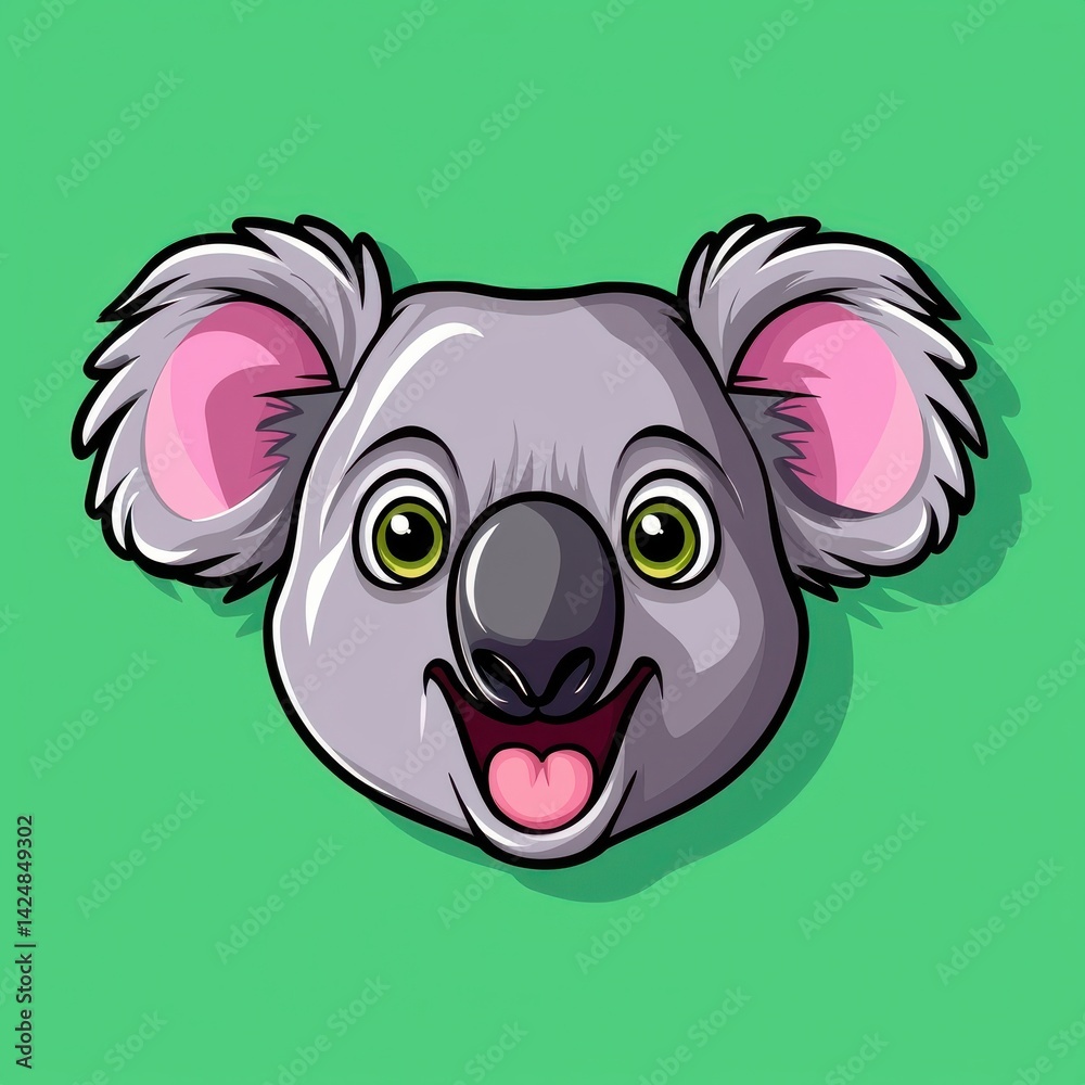 Fototapeta premium Cartoon illustration of a smiling koala with yellow eyes and pink ears
