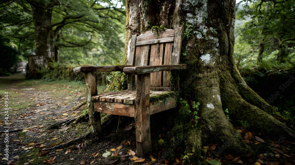 Rustic wooden bench rests beside mossy tree Rustic wooden bench rests beside mossy tree