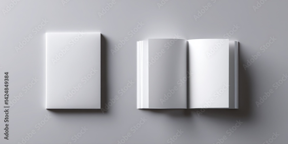 Two blank books one closed and one open on a gray surface perfect for mockups and presentations use Two blank books one closed and one open on a gray surface perfect for mockups and presentations use