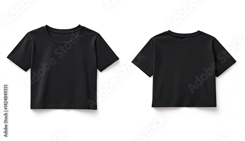 Black cropped t-shirt mockup, front and back view.