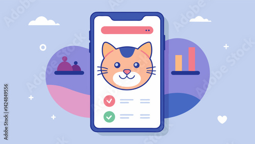 A screenshot of the softwares mobile app with a cats profile and its recent mood history displayed encouraging owners to keep track of their pets. Vector illustration