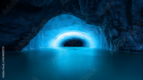 Majestic glacial ice cave with luminous blue hues, ethereal landscape
