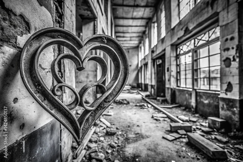 Black and White Heart Symbol in Abandoned Urban Building - Urban Exploration Photography