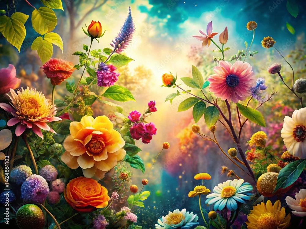 Obraz premium Botanical Double Exposure Wallpaper: Intricate Floral Illustrations & Nature Photography