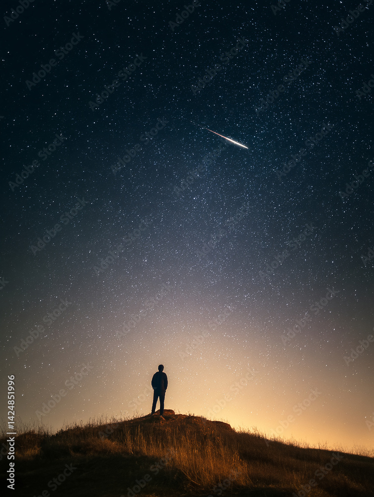 Fototapeta premium Night sky photography of man watching meteor shower on hill under starry sky landscape astrophotography