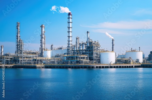 Industrial refinery complex by the sea under a clear blue sky.