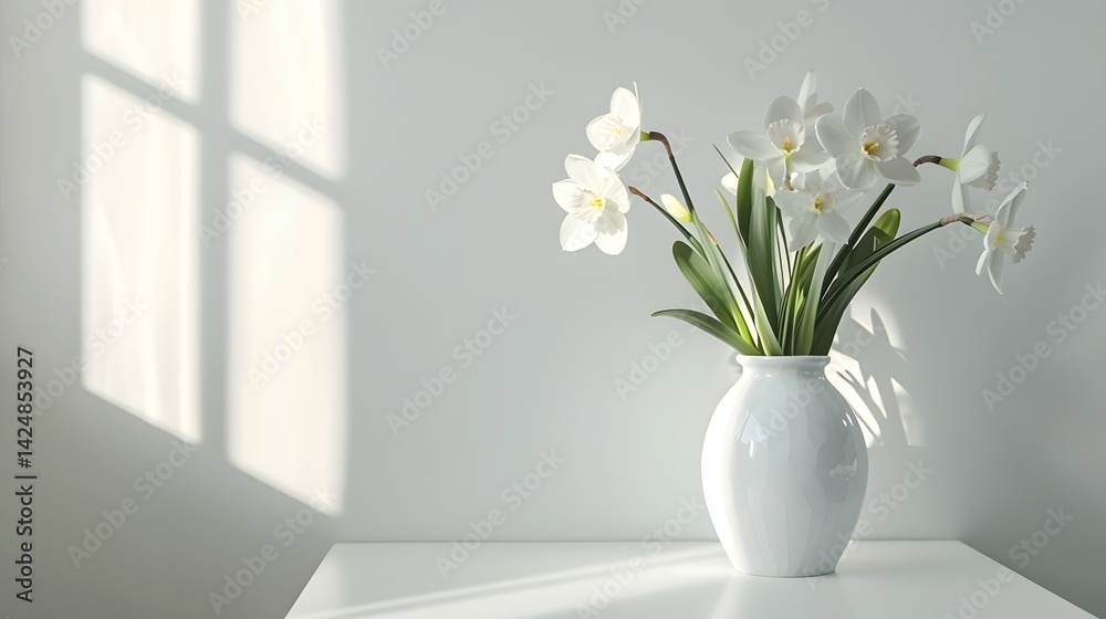 Elegant Vase with Blooming Narcissus Flowers on Table in Natural Light Elegant Vase with Blooming Narcissus Flowers on Table in Natural Light