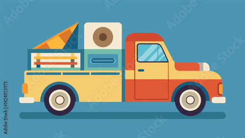 A rusty old pickup truck repurposed into a roaming vinyl store on wheels with a record player in the bed. Vector illustration