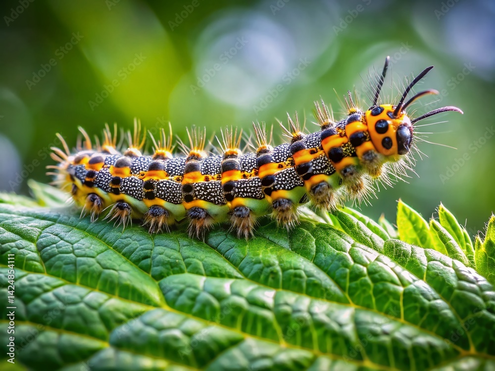 Fototapeta premium Close-up Documentary Photo of a Stinging Nettle Caterpillar on a Leaf