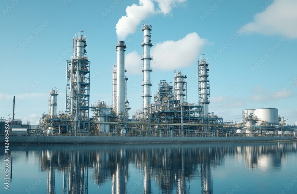 Industrial refinery reflected in calm water under a blue sky. Industrial refinery reflected in calm water under a blue sky.