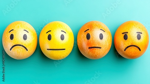 Obraz na płótnie Four Yellow Circular Objects Displaying Varied Sad Faces on a Teal Backdrop w salonie