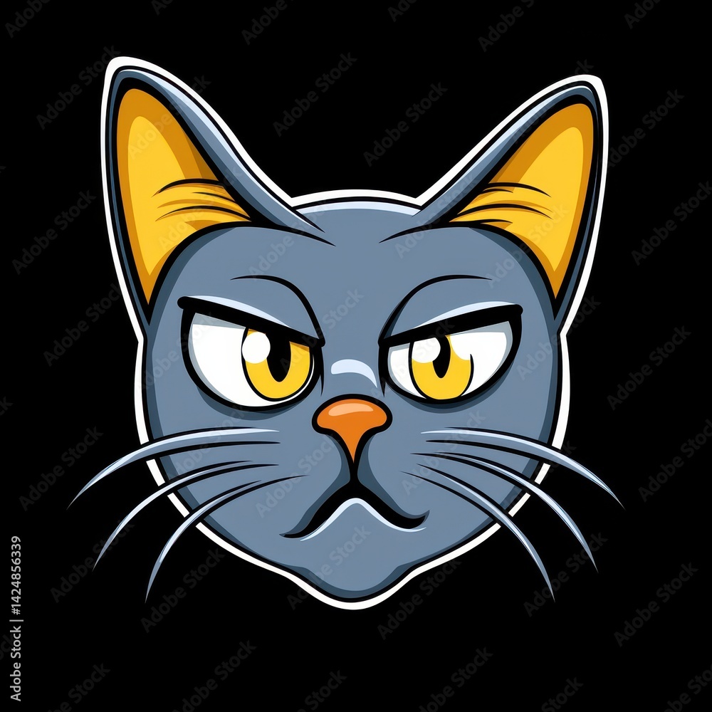 Illustration of a gray cat with yellow ears and an intense expression Illustration of a gray cat with yellow ears and an intense expression