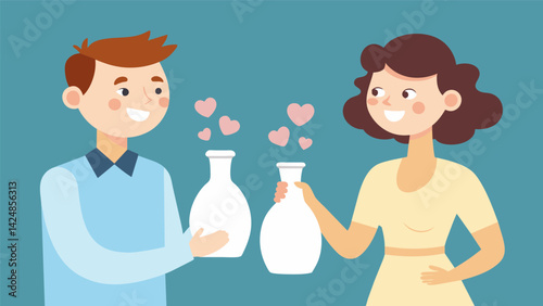 A couple smiled at each other as they found matching vintage milk glass vases a perfect addition to their home decor.. Vector illustration